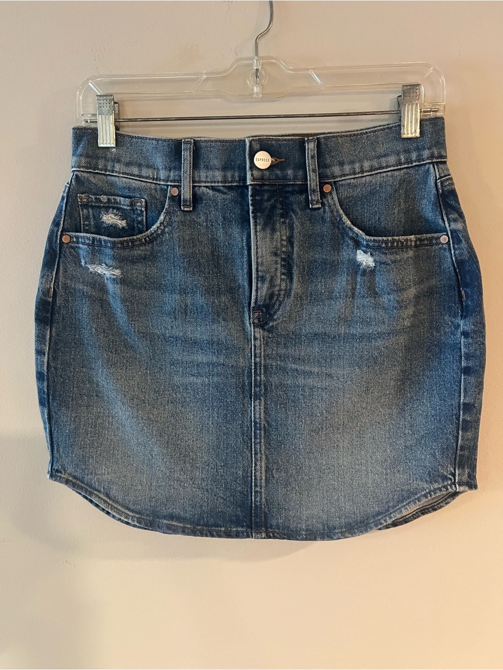 Express Distressed Blue Denim Mini Skirt